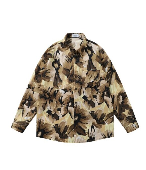 None Tops - Beige Brown Retro Floral Print Long Sleeve Shirt